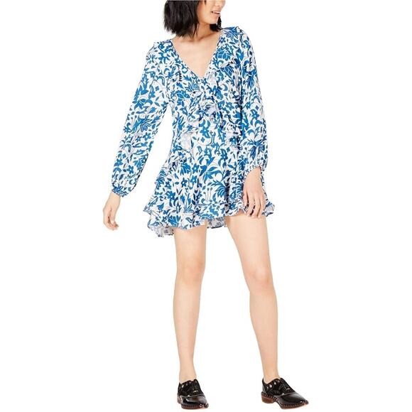 Free People Rebecca Ruffle Mini Dress Sz S Blue White Floral V-Neck Long Sleeves - Picture 1 of 11